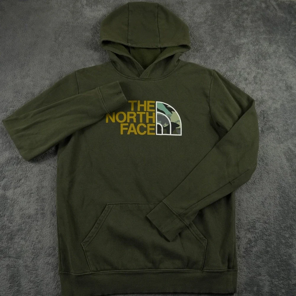 The North Face Hoodie Boys XXL Olive Green‎ Camo Logo Pullover Fleece Outdoor